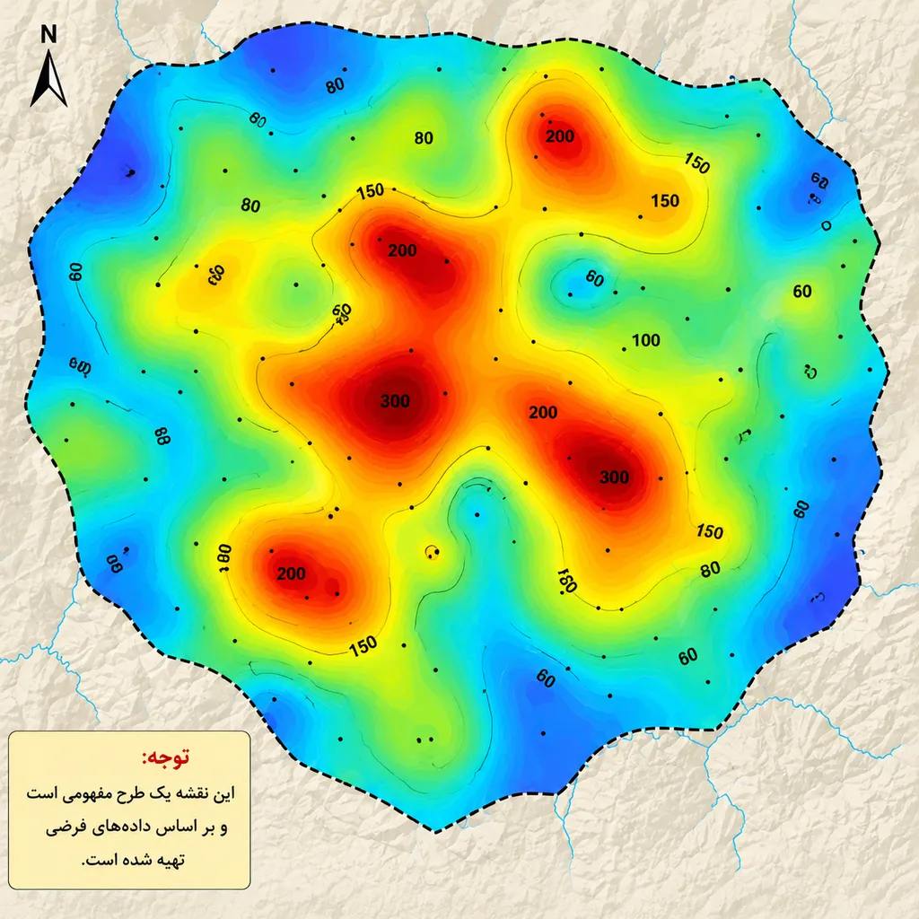 نقشه کانتور پراکندگی مس Cu در محدوده اکتشافی