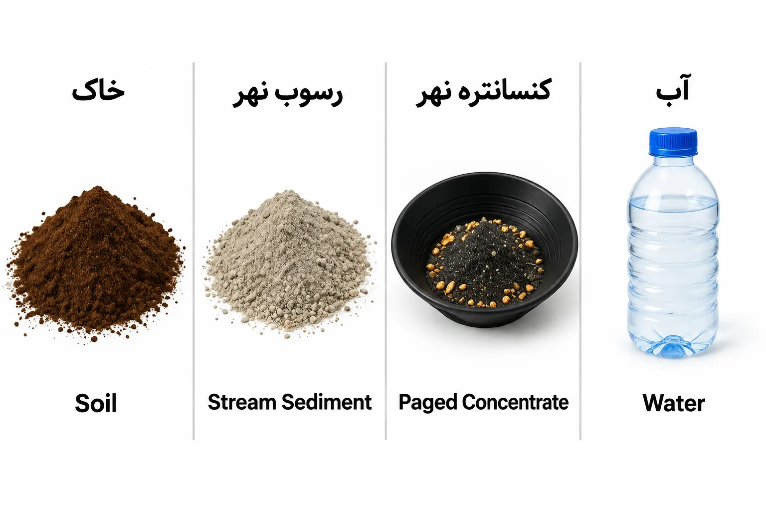 محیط های نمونه برداری ژئوشیمی شامل خاک، رسوب نهر، کنسانتره و آب